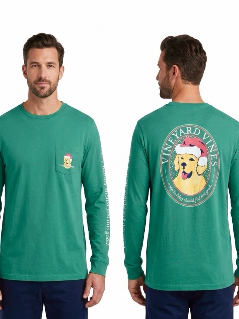 VINEYARD VINES Good Boy Christmas Green Long Sleeve Tee Pocket T-shirt